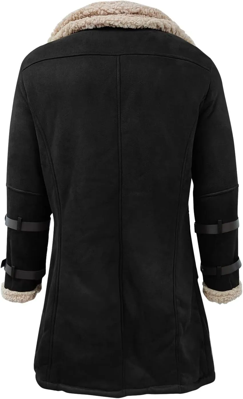 Men Lamb Wool Bomber Jacket Coat Faux Leather Sherpa Fleece Lined Jackets Heavyweight Suede Faux Fur Trench Coats