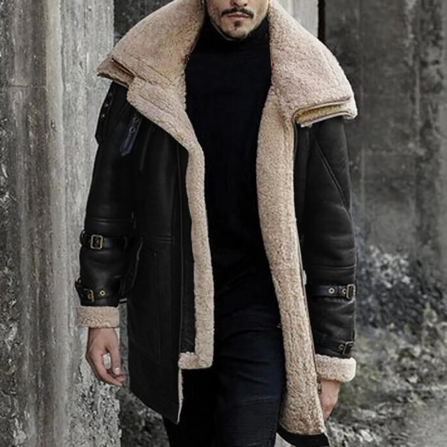 Men Lamb Wool Bomber Jacket Coat Faux Leather Sherpa Fleece Lined Jackets Heavyweight Suede Faux Fur Trench Coats