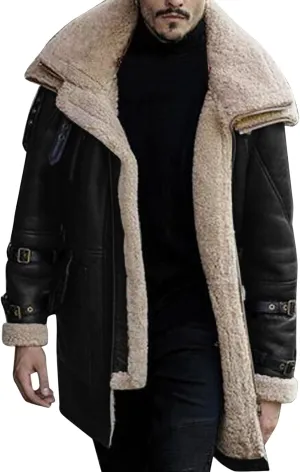 Men Lamb Wool Bomber Jacket Coat Faux Leather Sherpa Fleece Lined Jackets Heavyweight Suede Faux Fur Trench Coats