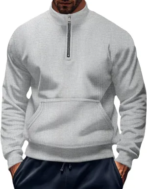 Men Waffle Sweatshirt Plus Size Slim Fit 1/4 Zip Long Sleeve Pullover Tops Casual Workout Daily Sweater with Pockets