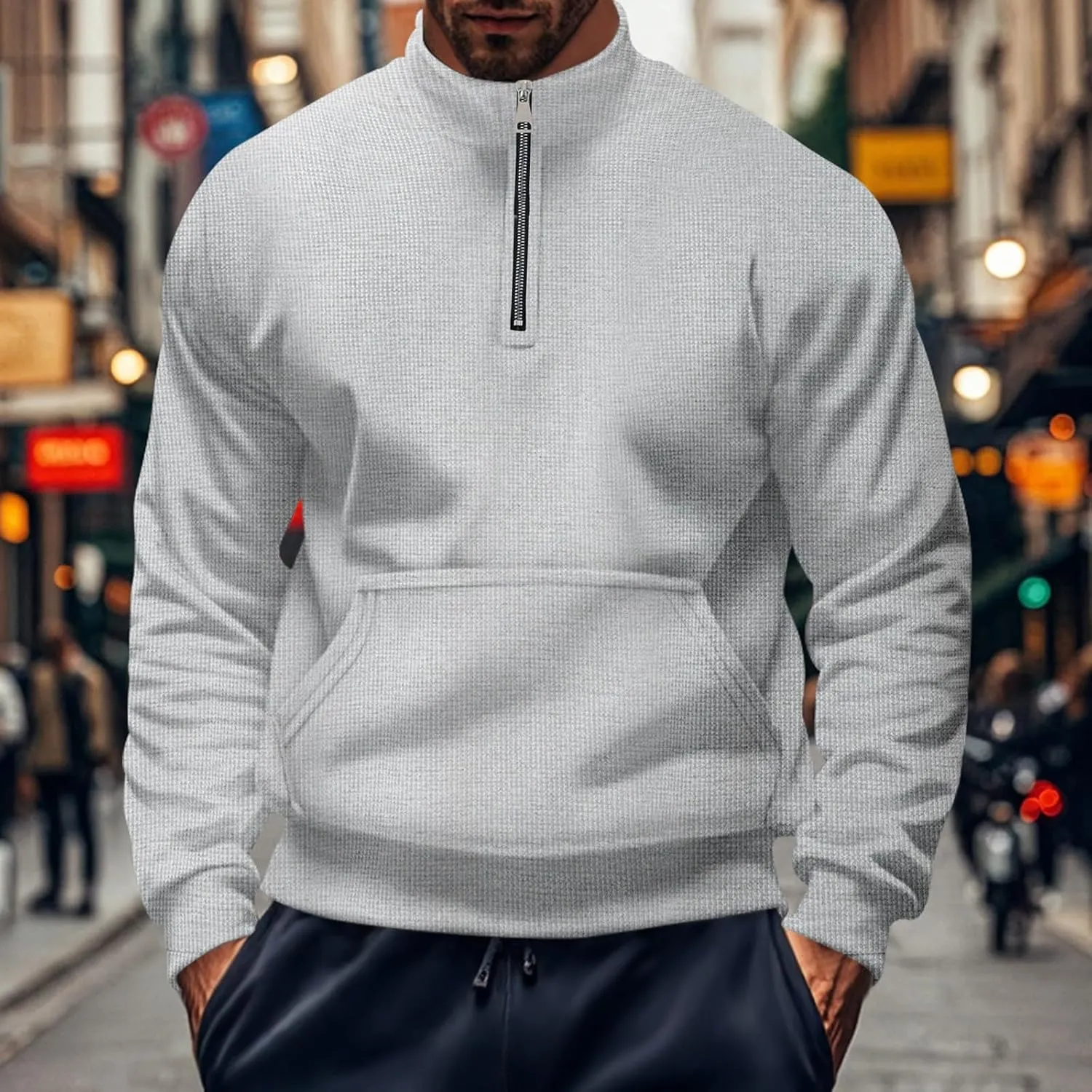 Men Waffle Sweatshirt Plus Size Slim Fit 1/4 Zip Long Sleeve Pullover Tops Casual Workout Daily Sweater with Pockets