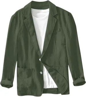 Men's Blazer Jacket Casual Cotton Linen Sports Coats Outwear Regular Fit Two Buttons Unlined Herringbone Suit Jackets