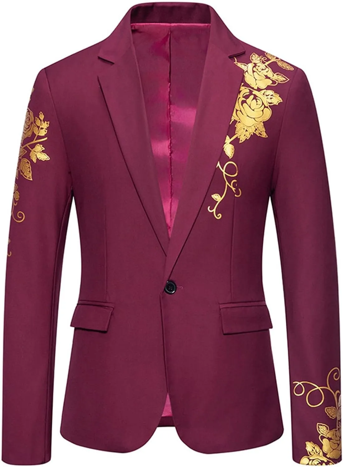 Mens Bronze Print Blazer Long Sleeve One Button Elegant Slim Fit Work Suit Business Wedding Groom Prom Jackets with Pocket