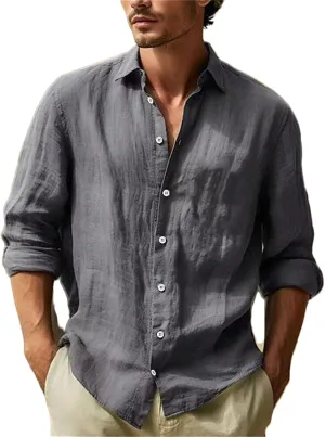 Mens Casual Long Sleeve Cotton Linen Shirts Fashion Summer Tops Holiday Beach Button Down Tshirt