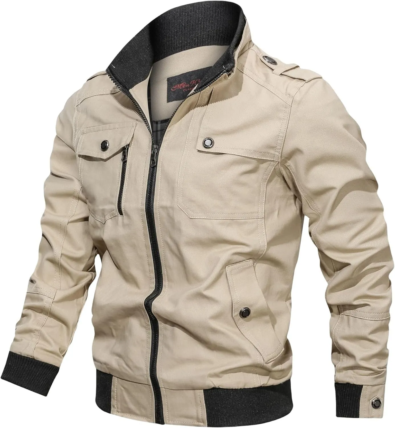 Men's Casual Stand Collar Jackets Coats Fashion Military Jacket Bomber Jackets with Shoulder Straps Pockets