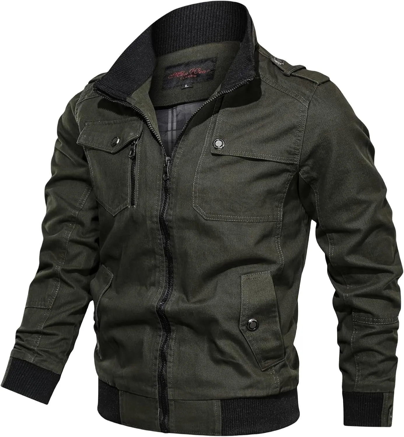 Men's Casual Stand Collar Jackets Coats Fashion Military Jacket Bomber Jackets with Shoulder Straps Pockets