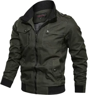 Men's Casual Stand Collar Jackets Coats Fashion Military Jacket Bomber Jackets with Shoulder Straps Pockets