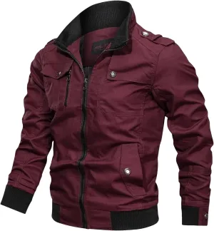 Men's Casual Stand Collar Jackets Coats Fashion Military Jacket Bomber Jackets with Shoulder Straps Pockets
