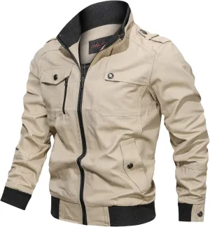 Men's Casual Stand Collar Jackets Coats Fashion Military Jacket Bomber Jackets with Shoulder Straps Pockets