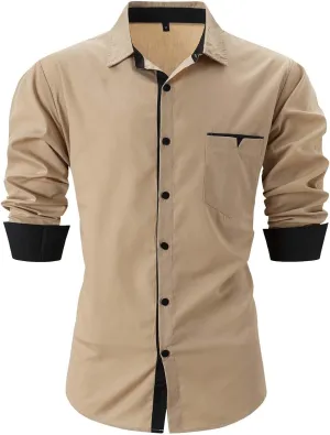 Mens Dress Shirts Muscle Slim Long Sleeve Button Shirt Dry Fit Gentleman Bussiness Work Blouse Tees with Pockets