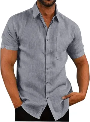 Mens Hawaiian Shirts Short Sleeve Cotton Lined Button Down Shirt Summer Solid T Shirts Beach Collared Tops with Pocket