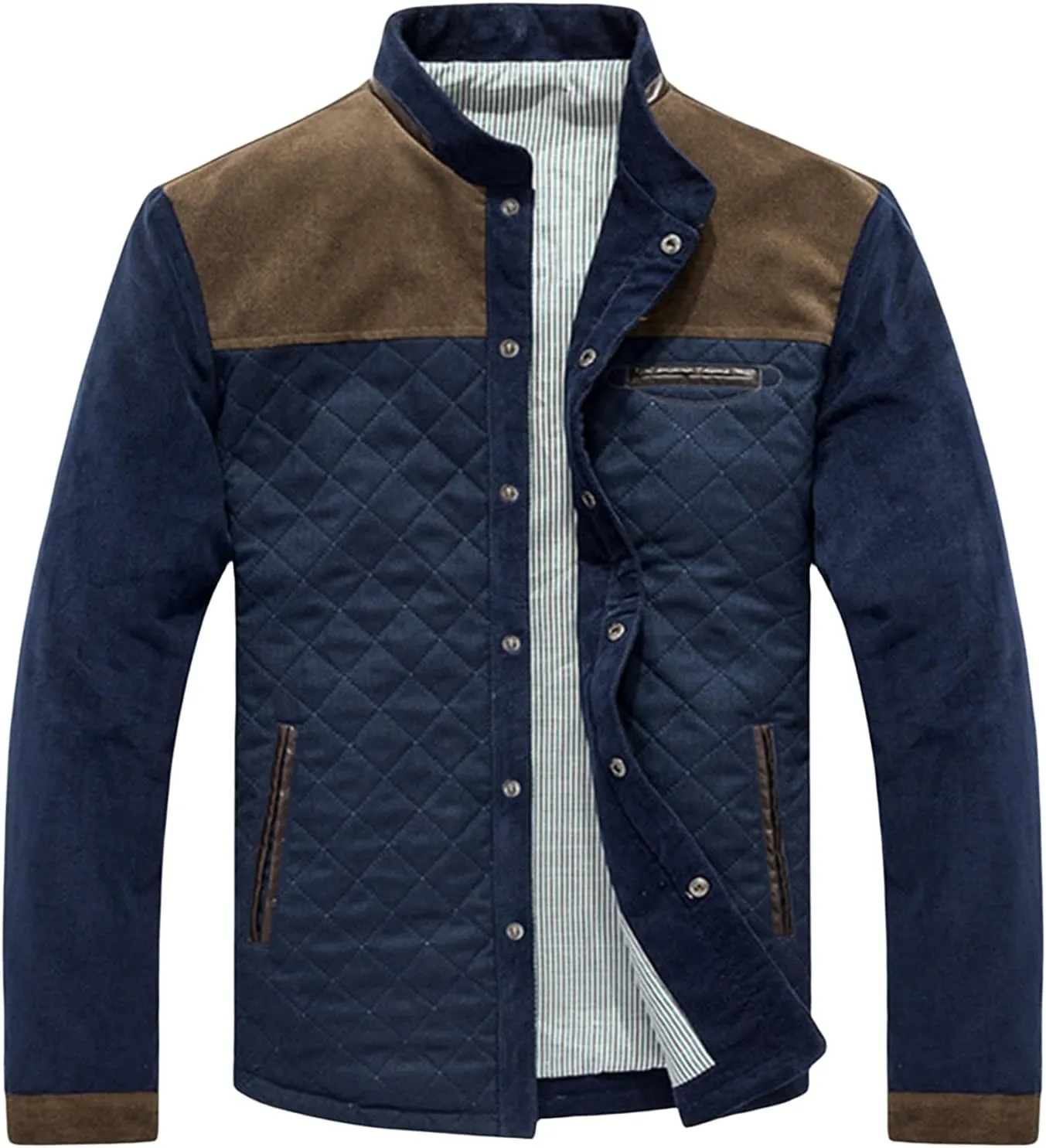Mens Lightweight Diamond Quilted Puffer Down Jacket Business Casual Button Down Front for Autumn and Winter Wear