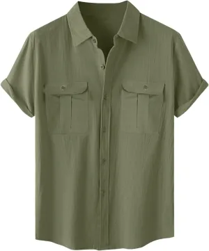 Men's Shirts Casual Cotton Linen Button Down T-Shirt Summer Fashion Short Sleeve Solid Linen Shirt Loose Fit Tops