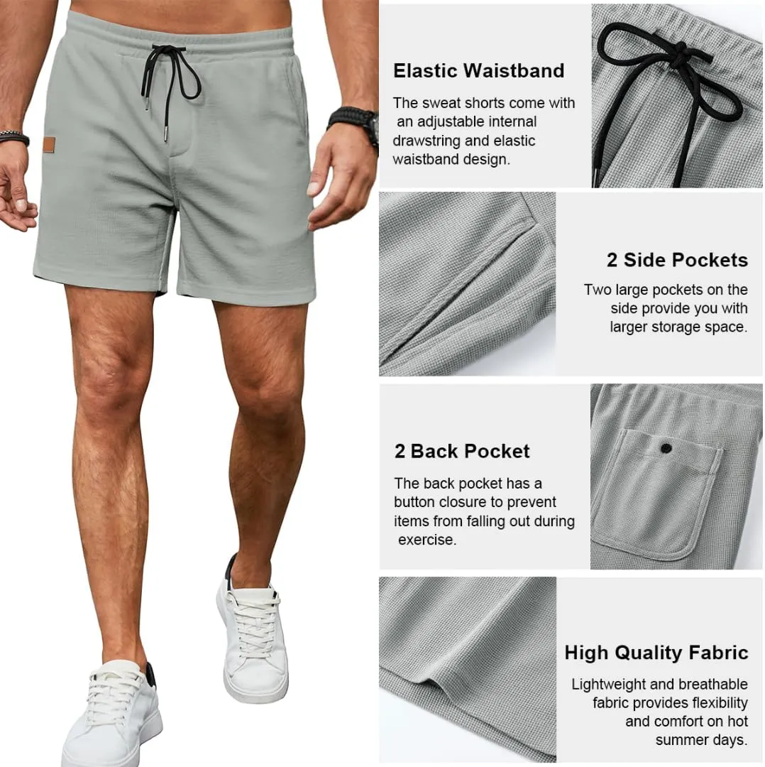 Mens Shorts Casual Waffle Elastic Waistc Drawstring 7" Shorts Summer Beach Lightweight Shorts with Pockets