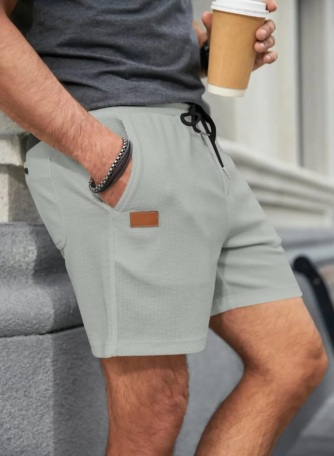Mens Shorts Casual Waffle Elastic Waistc Drawstring 7" Shorts Summer Beach Lightweight Shorts with Pockets
