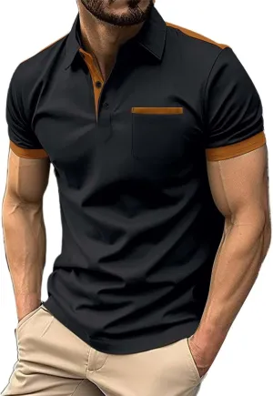Men's Slim Fit Polo Shirt Lapel Collar Button Down Patchwork Color Matching Work T Shirt Lightweight Tops with Pocket