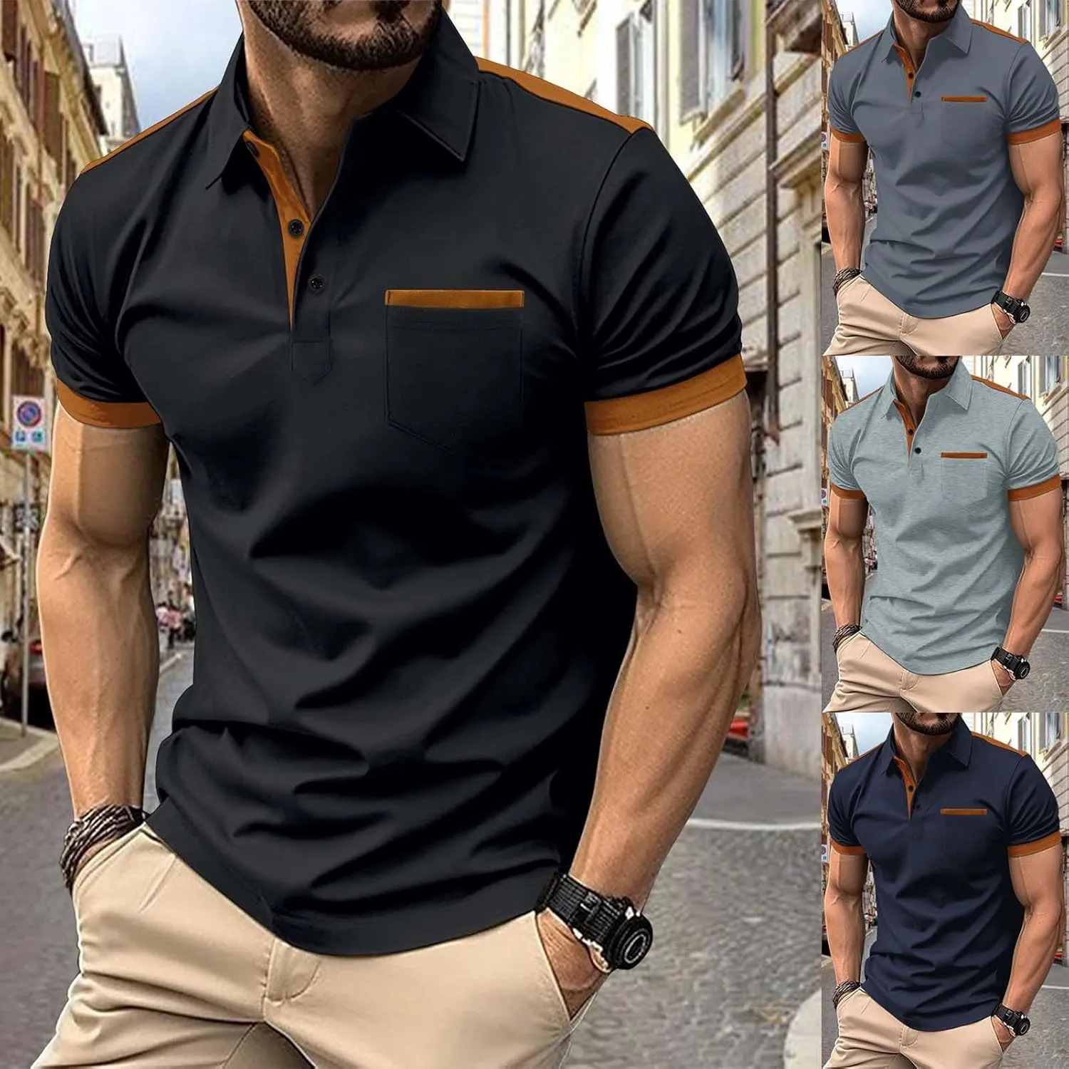 Men's Slim Fit Polo Shirt Lapel Collar Button Down Patchwork Color Matching Work T Shirt Lightweight Tops with Pocket