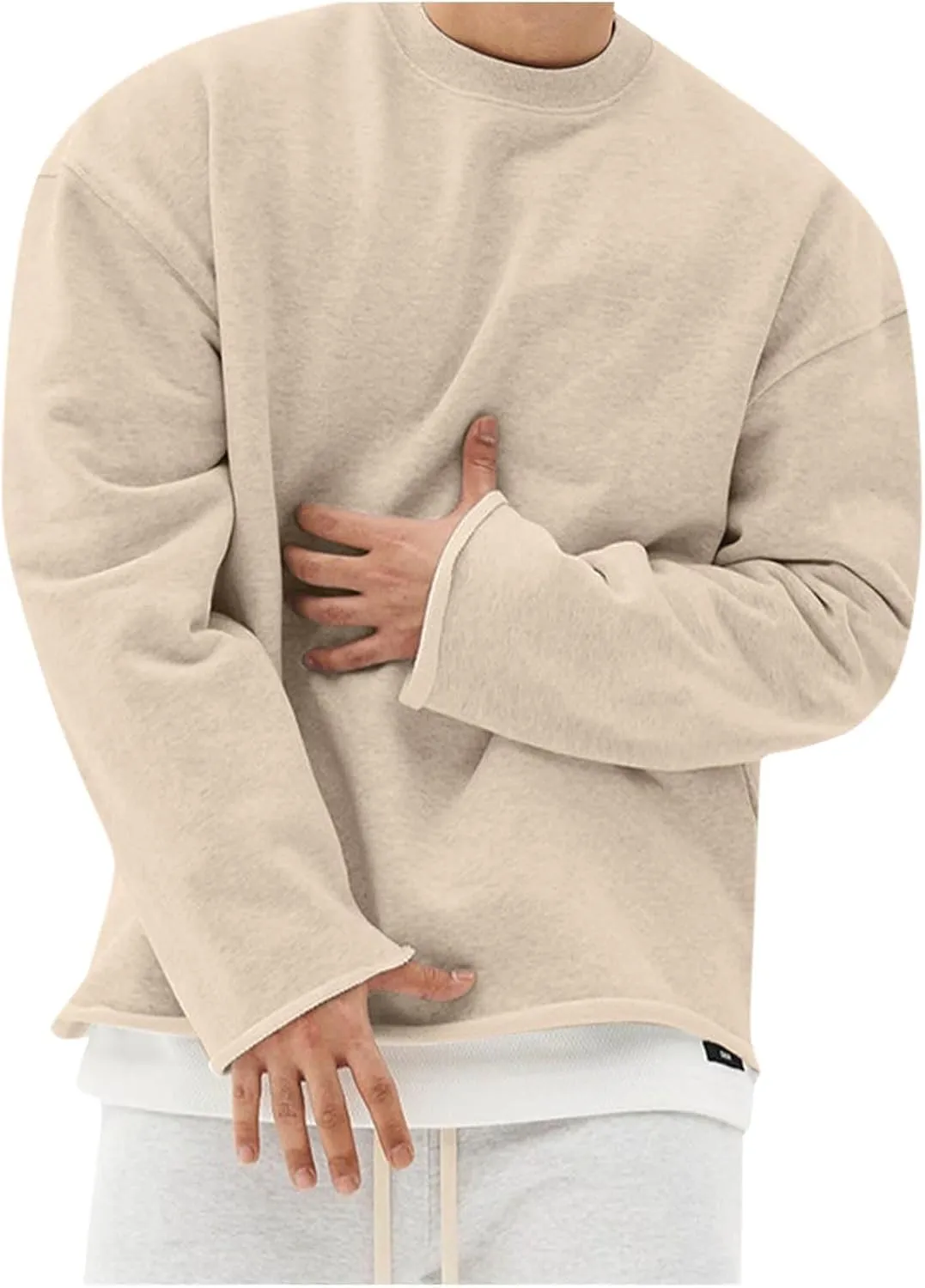 Mens Solid Color Crewneck Long Sleeve T-Shirt Oversized Casual Pullover Top Loose Fit Comfy Shirts Y2k Streetwear