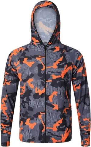 Mens Sun Protection Camouflage Zip Long Sleeve Jacket Breathable Lightweight Hooded Coat Outdoor Fishing Outwear