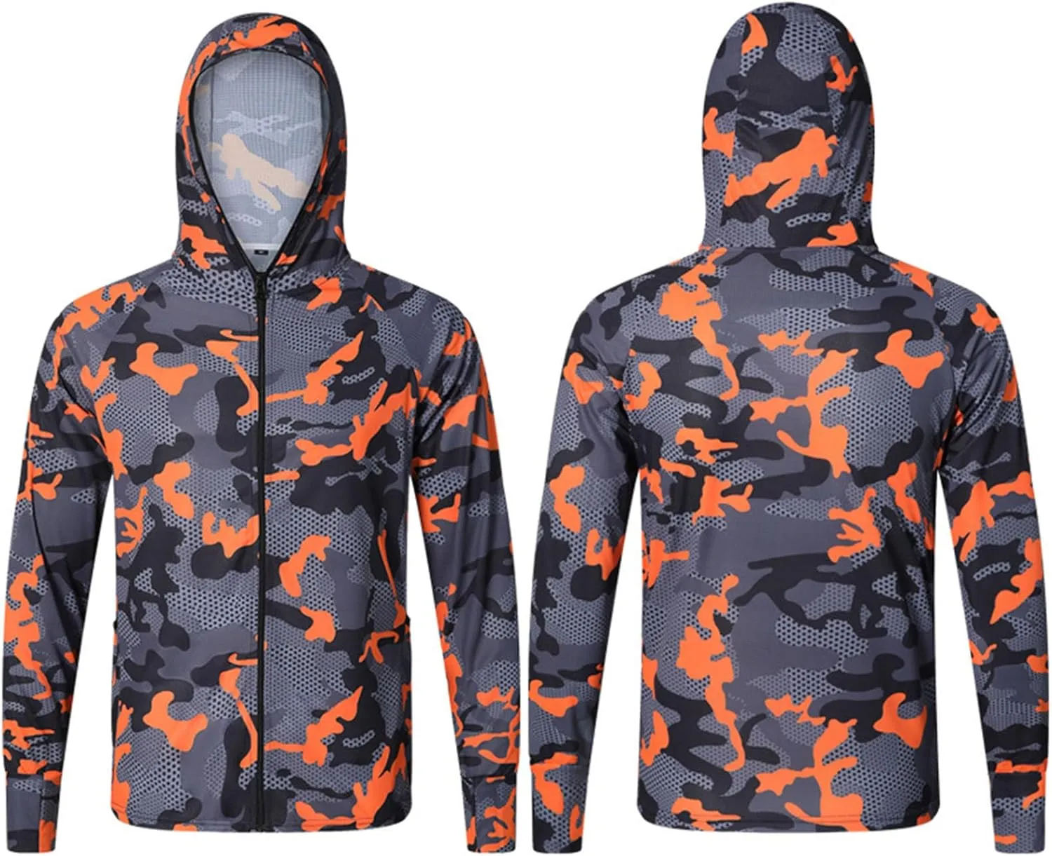 Mens Sun Protection Camouflage Zip Long Sleeve Jacket Breathable Lightweight Hooded Coat Outdoor Fishing Outwear