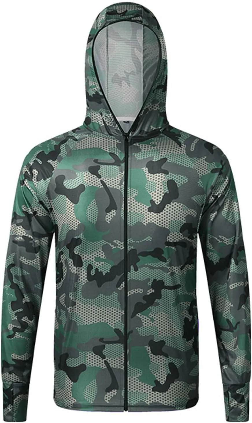Mens Sun Protection Camouflage Zip Long Sleeve Jacket Breathable Lightweight Hooded Coat Outdoor Fishing Outwear