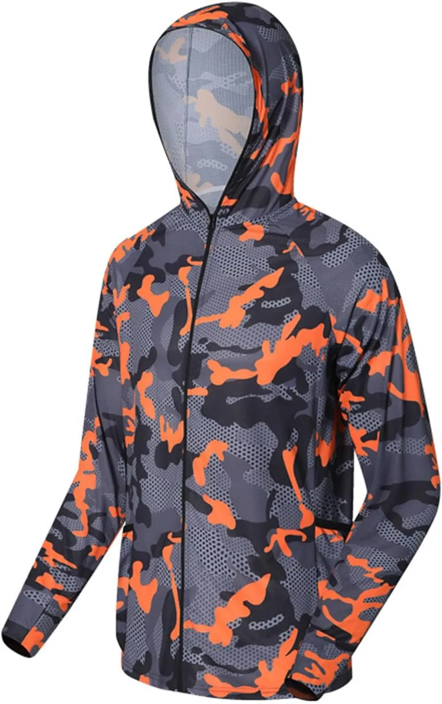 Mens Sun Protection Camouflage Zip Long Sleeve Jacket Breathable Lightweight Hooded Coat Outdoor Fishing Outwear