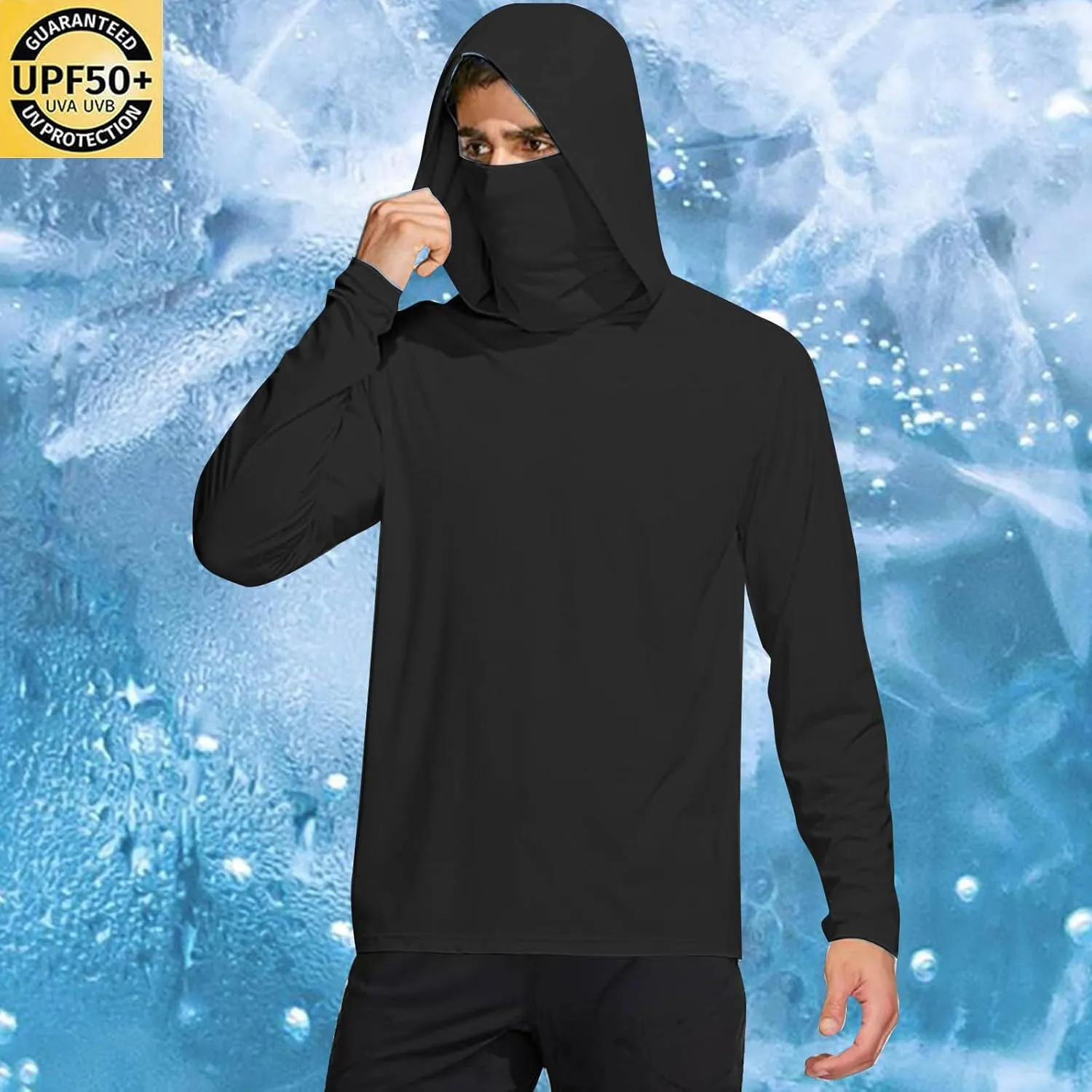 Men's UPF 50  Fishing Hoodie Shirts SPF UV Sun Shirts with Gaiter Rash Guard Long Sleeve Outdoor Hiking Swim T-Shirts