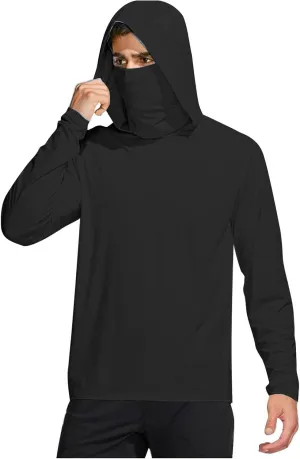 Men's UPF 50  Fishing Hoodie Shirts SPF UV Sun Shirts with Gaiter Rash Guard Long Sleeve Outdoor Hiking Swim T-Shirts