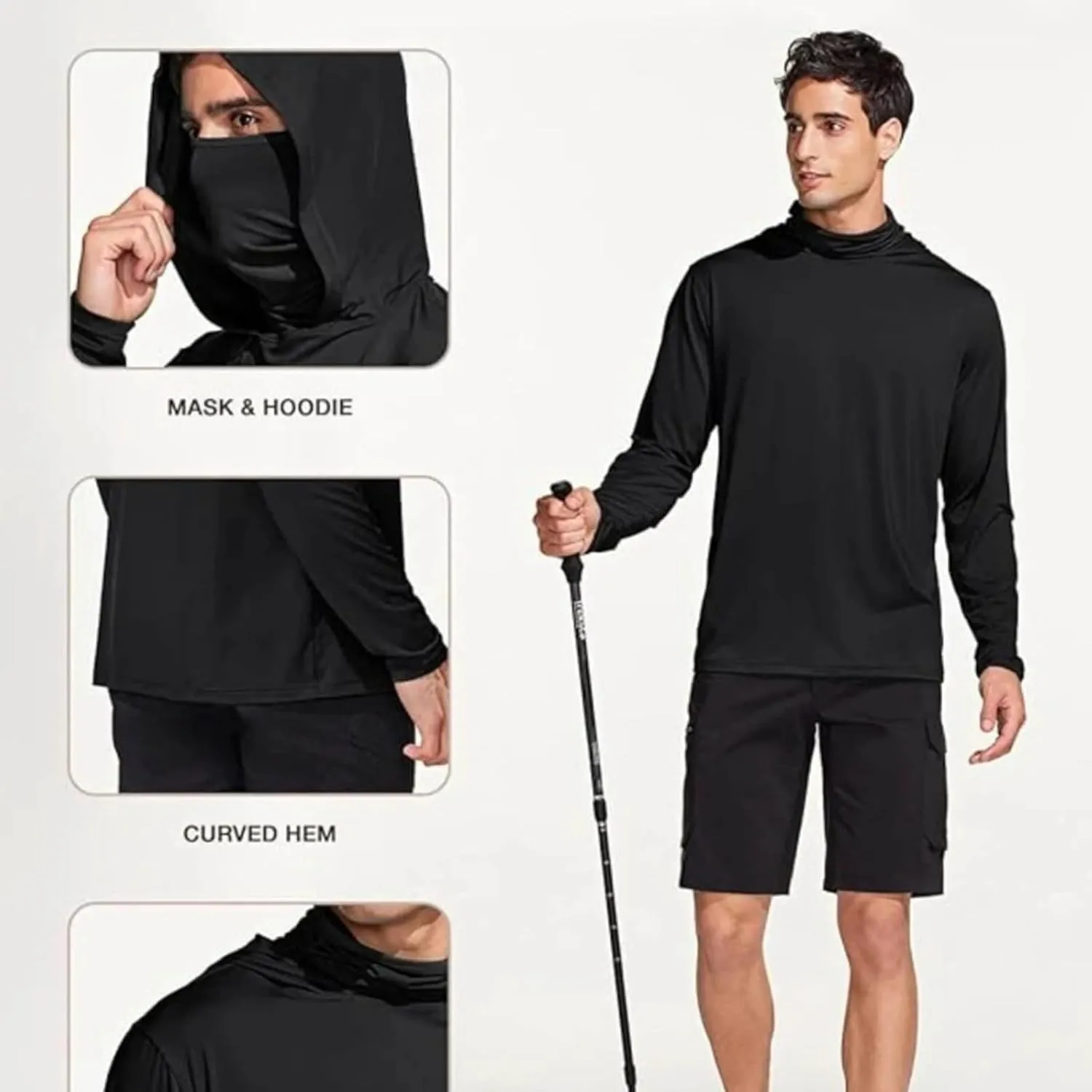 Men's UPF 50  Fishing Hoodie Shirts SPF UV Sun Shirts with Gaiter Rash Guard Long Sleeve Outdoor Hiking Swim T-Shirts