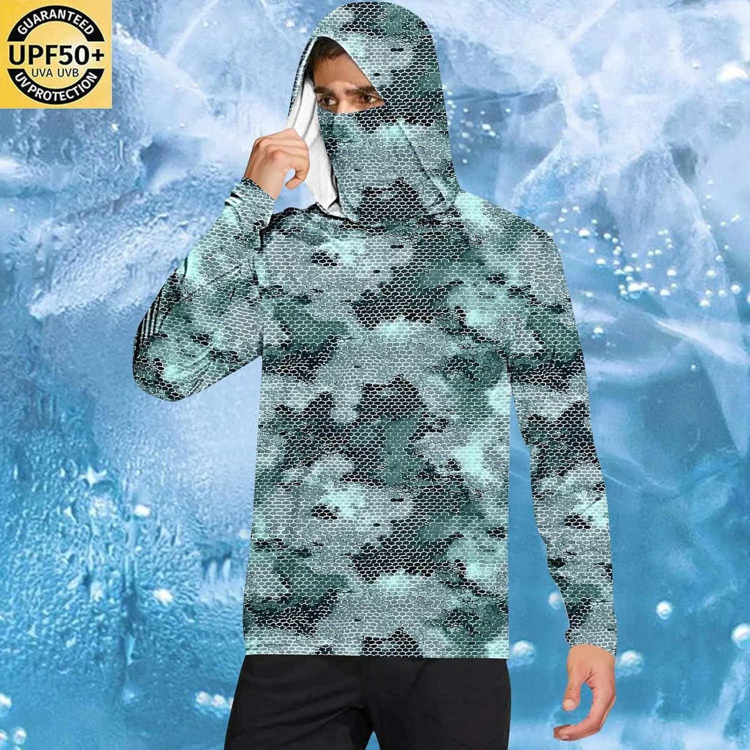 Mens UPF 50  Fishing Shirts Tops Long Sleeve UV Sun Protection Rash Guard Lightweight Sun Hoodie with Face Mask