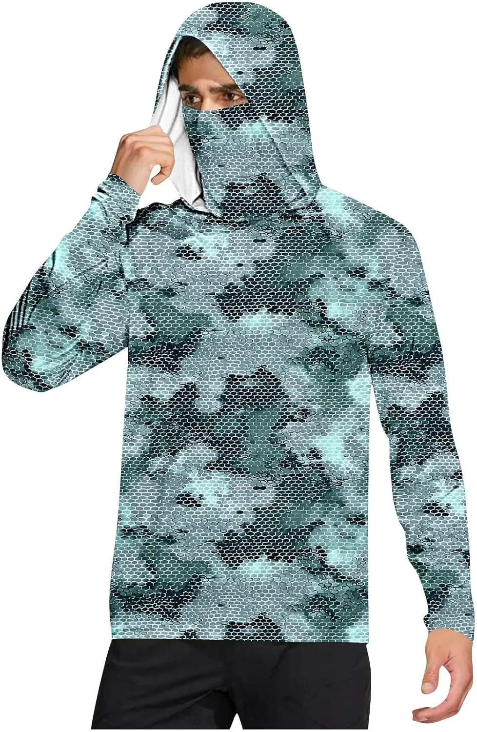 Mens UPF 50  Fishing Shirts Tops Long Sleeve UV Sun Protection Rash Guard Lightweight Sun Hoodie with Face Mask