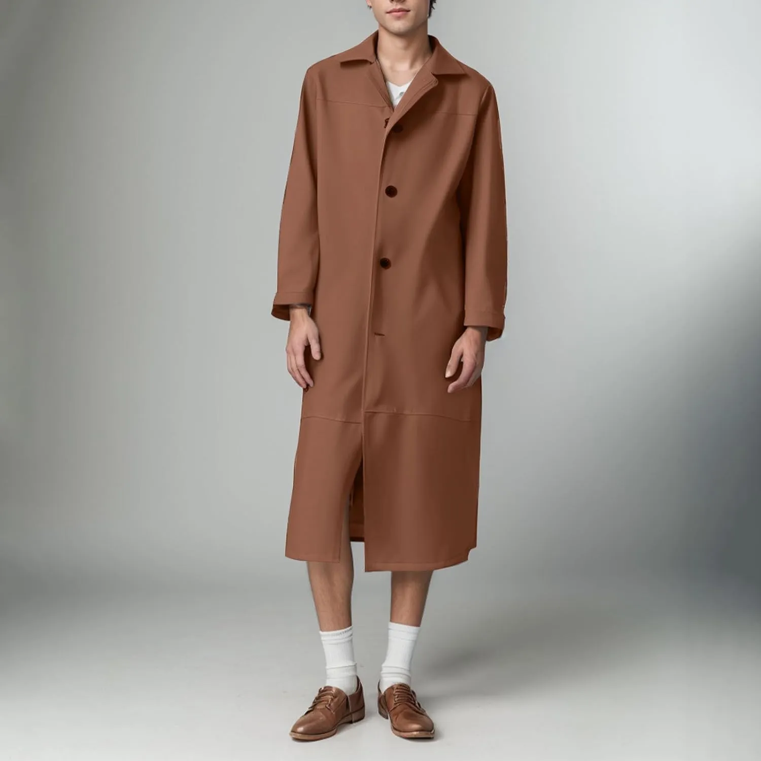 Mens Vintage Faux Leather Trench Coat Full Length Brown Classic Ww2 Military Leather Jacket Steampunk Moto Overcoat