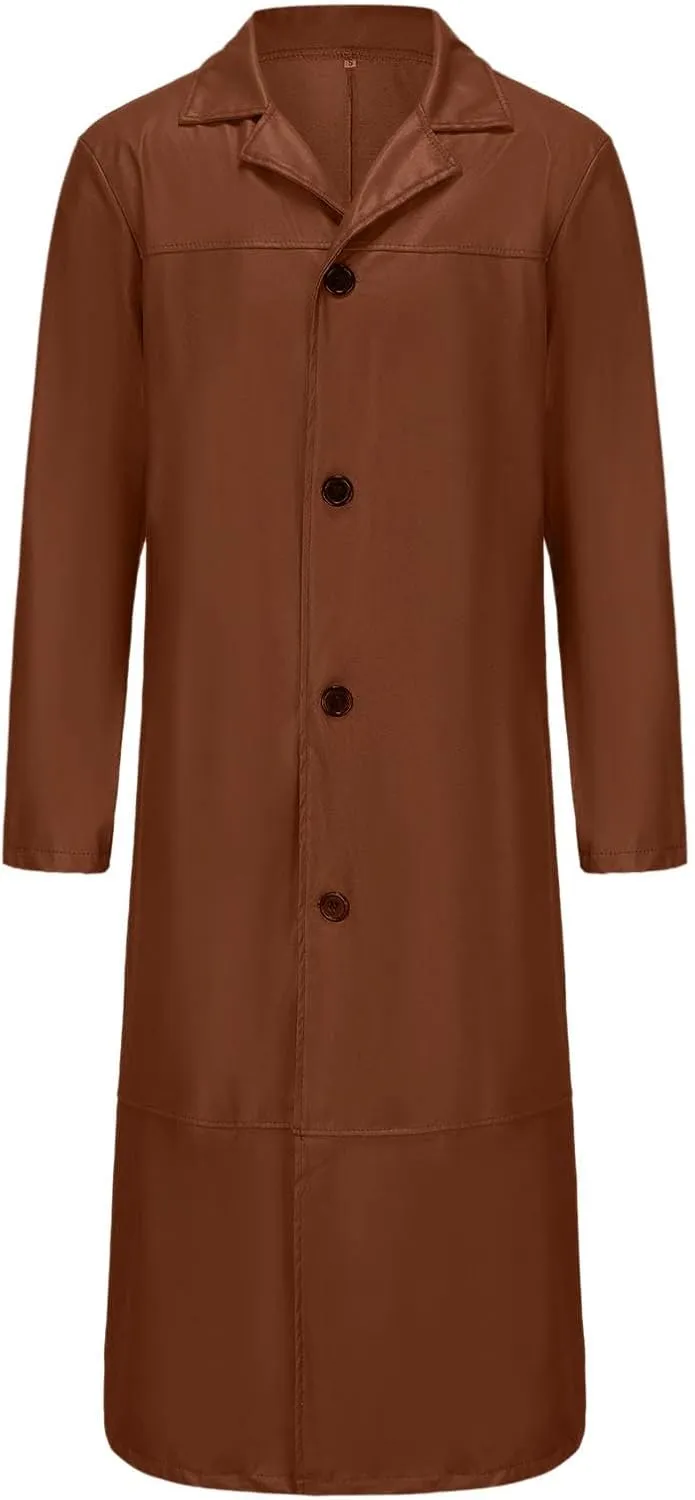 Mens Vintage Faux Leather Trench Coat Full Length Brown Classic Ww2 Military Leather Jacket Steampunk Moto Overcoat