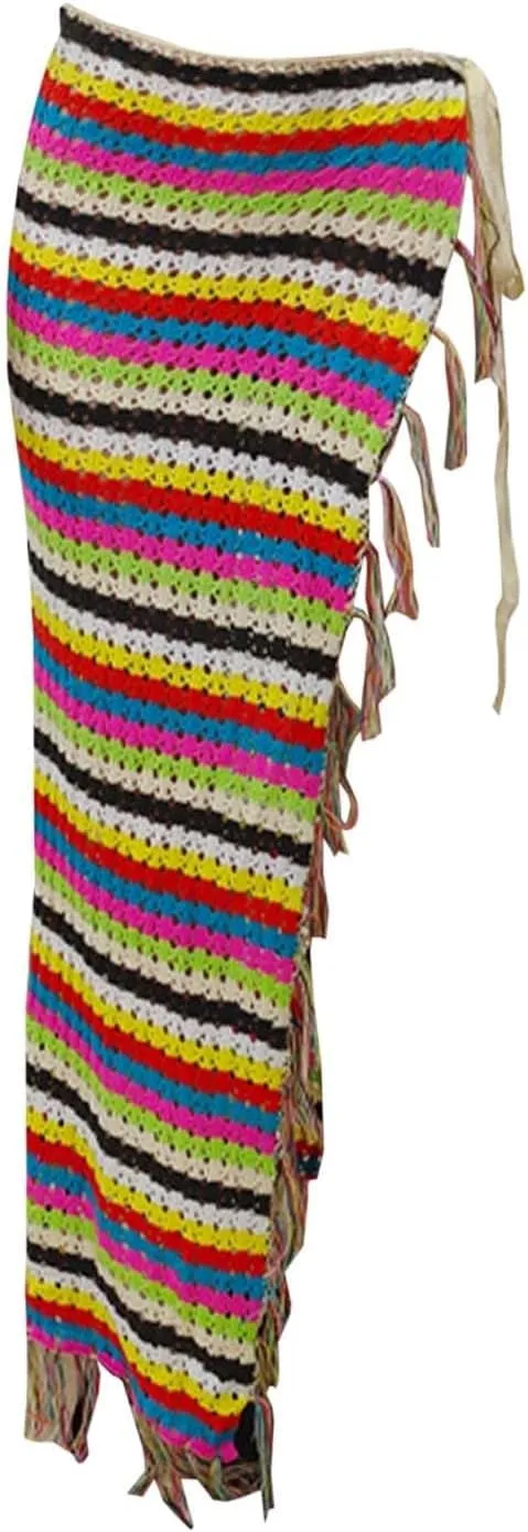 Midi Skirt for Summer Vacation High Split Trendy Striped Casual Beach Midi Skirts for Women with Tassel Beachwear