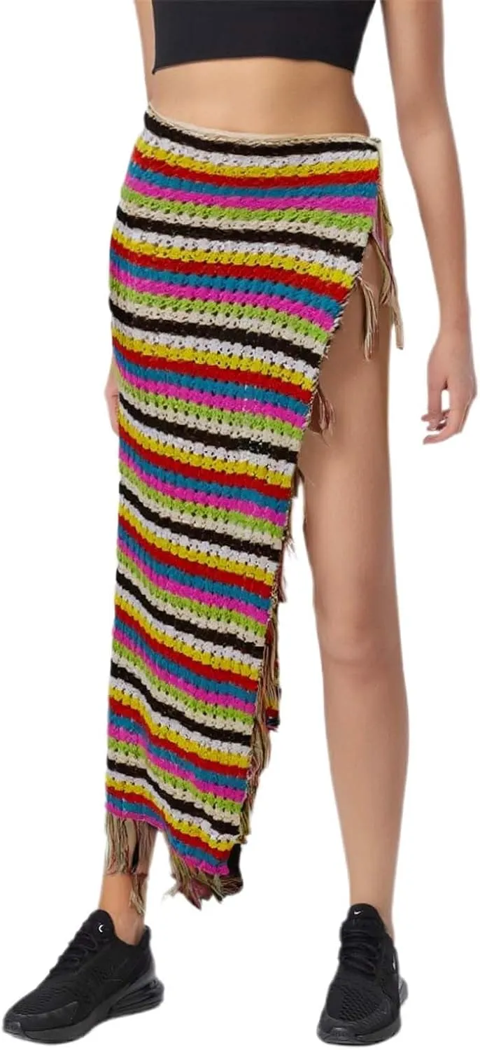 Midi Skirt for Summer Vacation High Split Trendy Striped Casual Beach Midi Skirts for Women with Tassel Beachwear