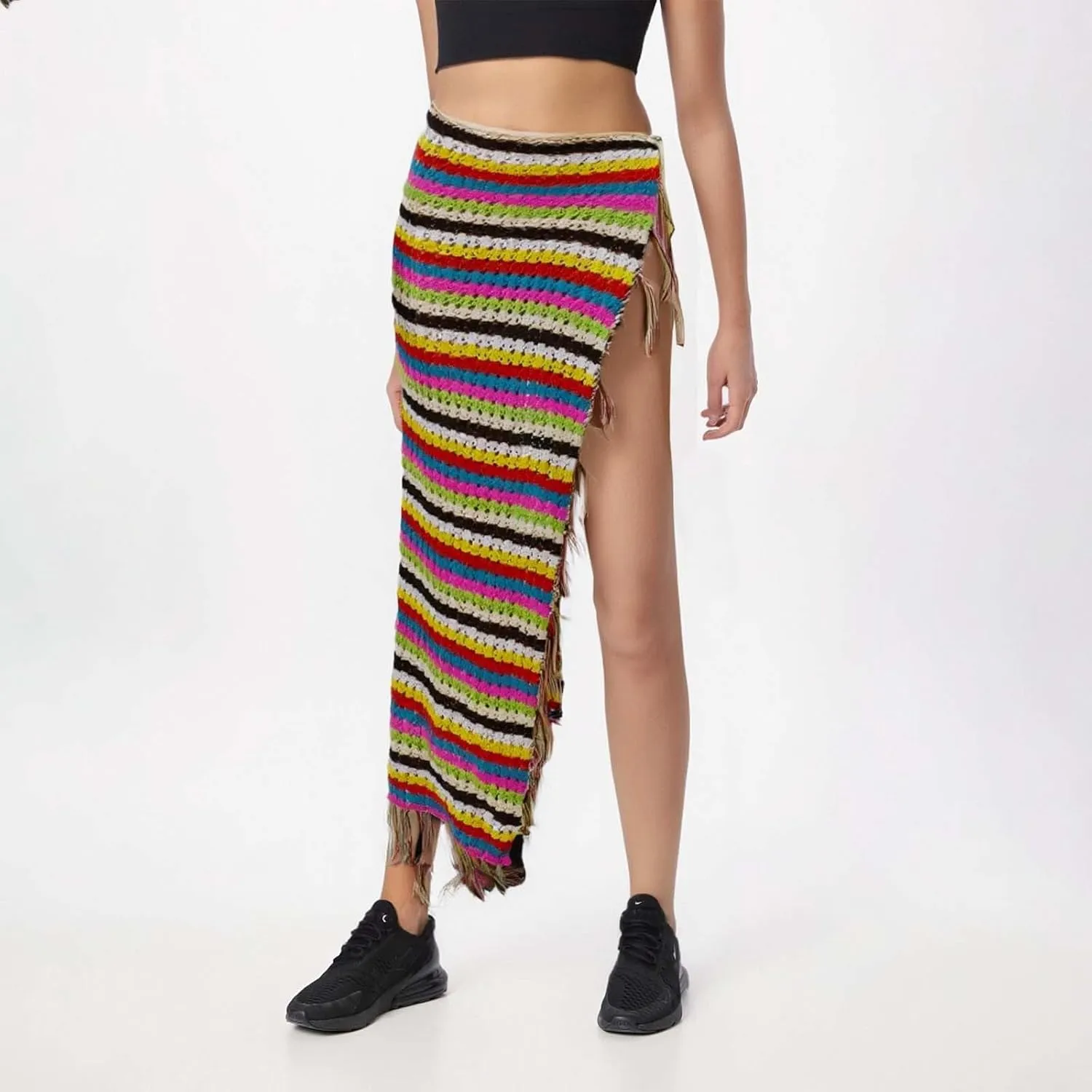 Midi Skirt for Summer Vacation High Split Trendy Striped Casual Beach Midi Skirts for Women with Tassel Beachwear