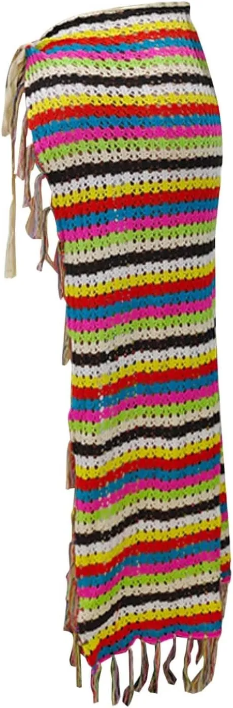 Midi Skirt for Summer Vacation High Split Trendy Striped Casual Beach Midi Skirts for Women with Tassel Beachwear