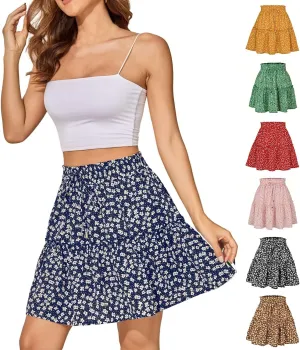 Mini Skirts for Women Trendy Summer Floral Short Skirts Drawstring High Rise Boho Beach Flowy Pleated A Line Skorts