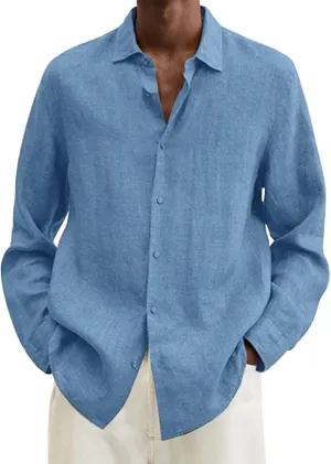 Muscularfit Mens Tshirts Casual Light Weight Cotton Linen Button Down Shirts Summer Spring Long Sleeve Solid Work Dress Shirt