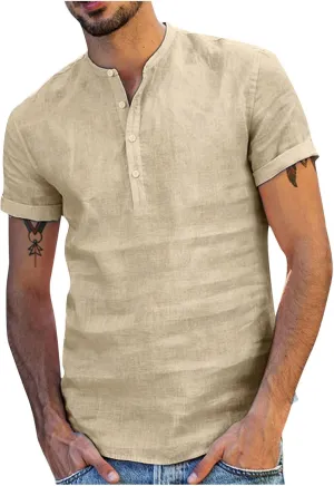 Muscularfit Tshirts Shirts for Men V Neck Cotton Linen Short Sleeve Buttons Shirt Summer Causal Loose Beach Vacation Pullover