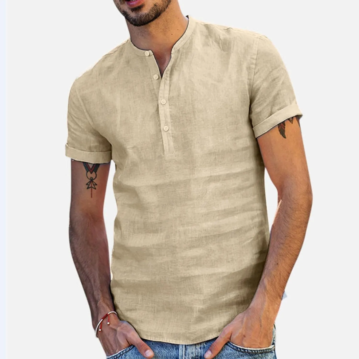 Muscularfit Tshirts Shirts for Men V Neck Cotton Linen Short Sleeve Buttons Shirt Summer Causal Loose Beach Vacation Pullover