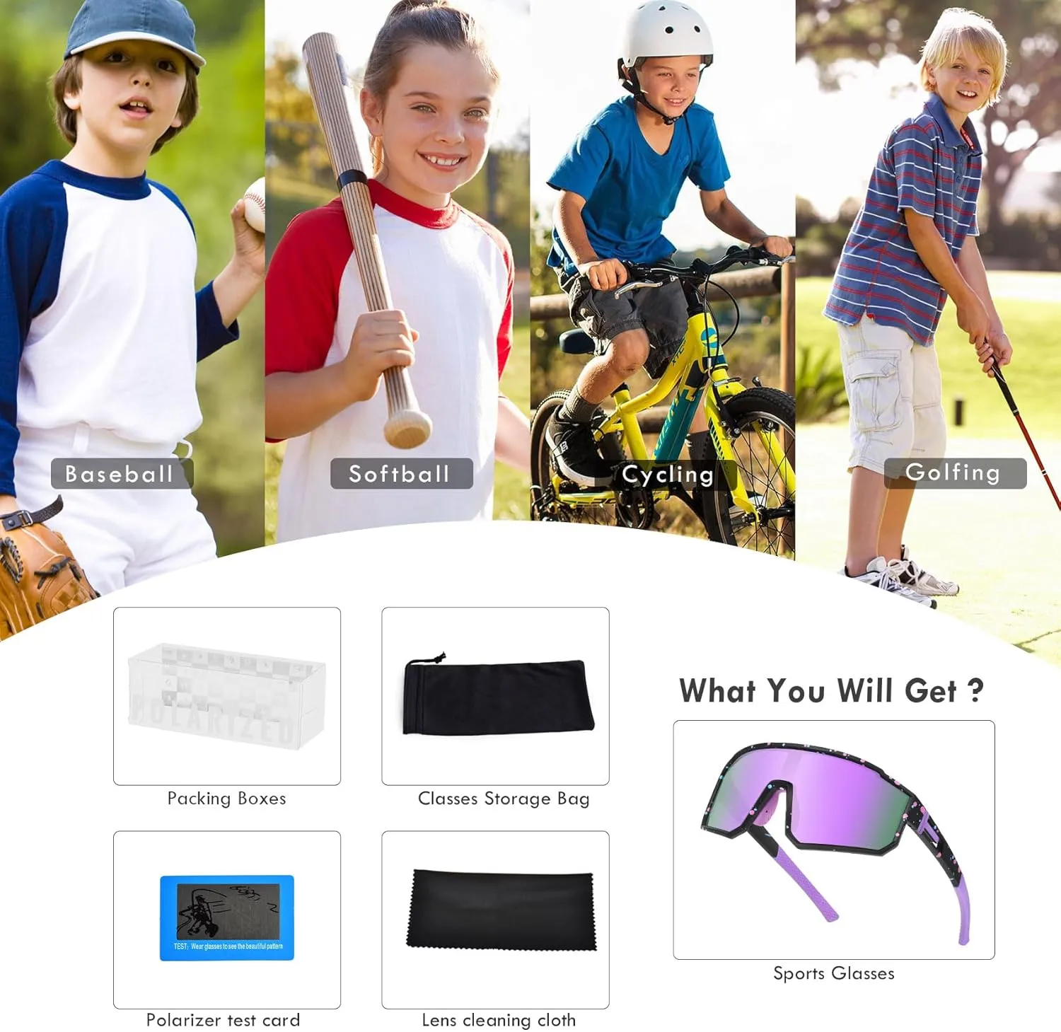 MVPTGRS Youth Baseball Sunglasses for Boys Girls Age 8-14 TR90 Frame Kids Sport Sunglasses for Softball Cycling Baseball Golf