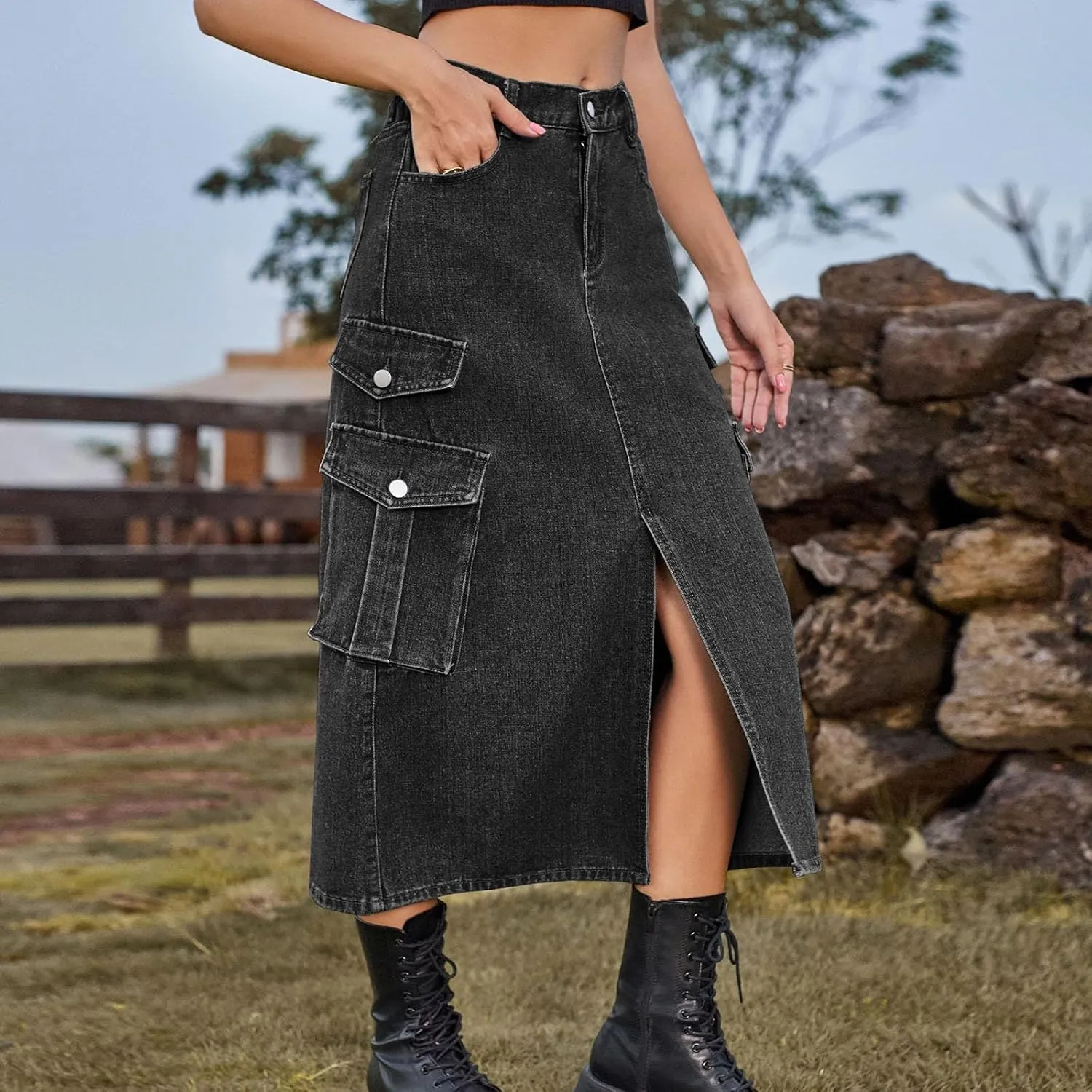 NATHGAM Women's Casual Denim Skirt High Waist Split Front Long Jean Summer Skirts Baggy Wide Leg Jean Skirt Denim Cargo Skirt