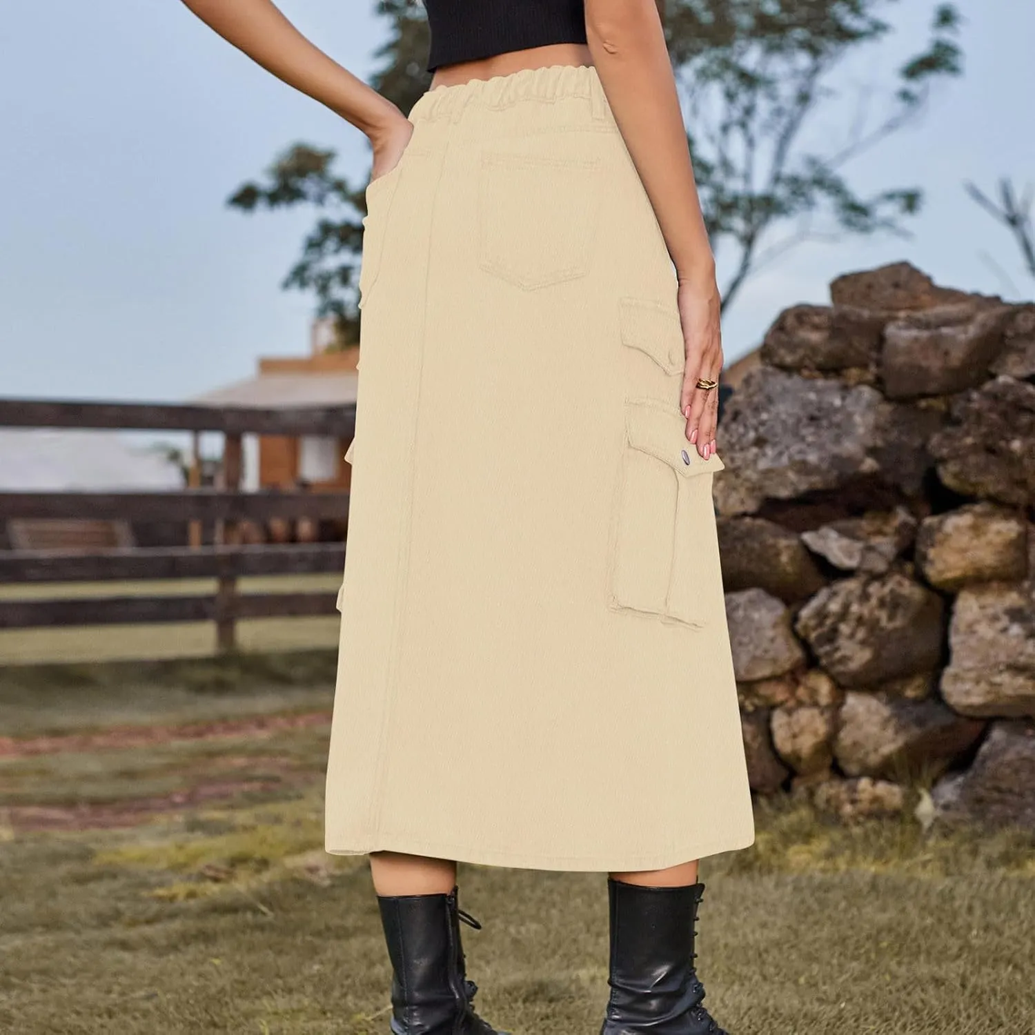 NATHGAM Women's Casual Denim Skirt High Waist Split Front Long Jean Summer Skirts Baggy Wide Leg Jean Skirt Denim Cargo Skirt
