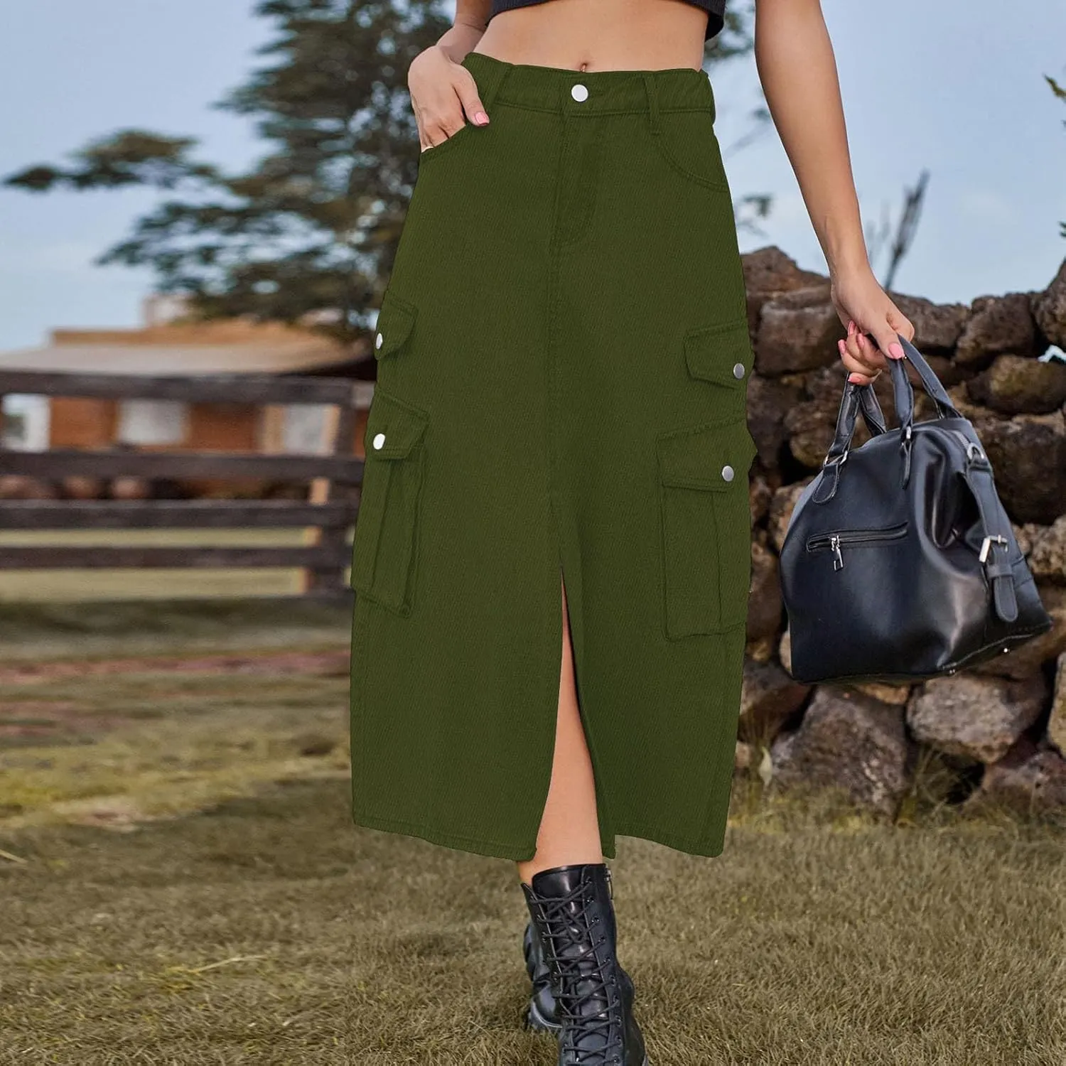 NATHGAM Women's Casual Denim Skirt High Waist Split Front Long Jean Summer Skirts Baggy Wide Leg Jean Skirt Denim Cargo Skirt