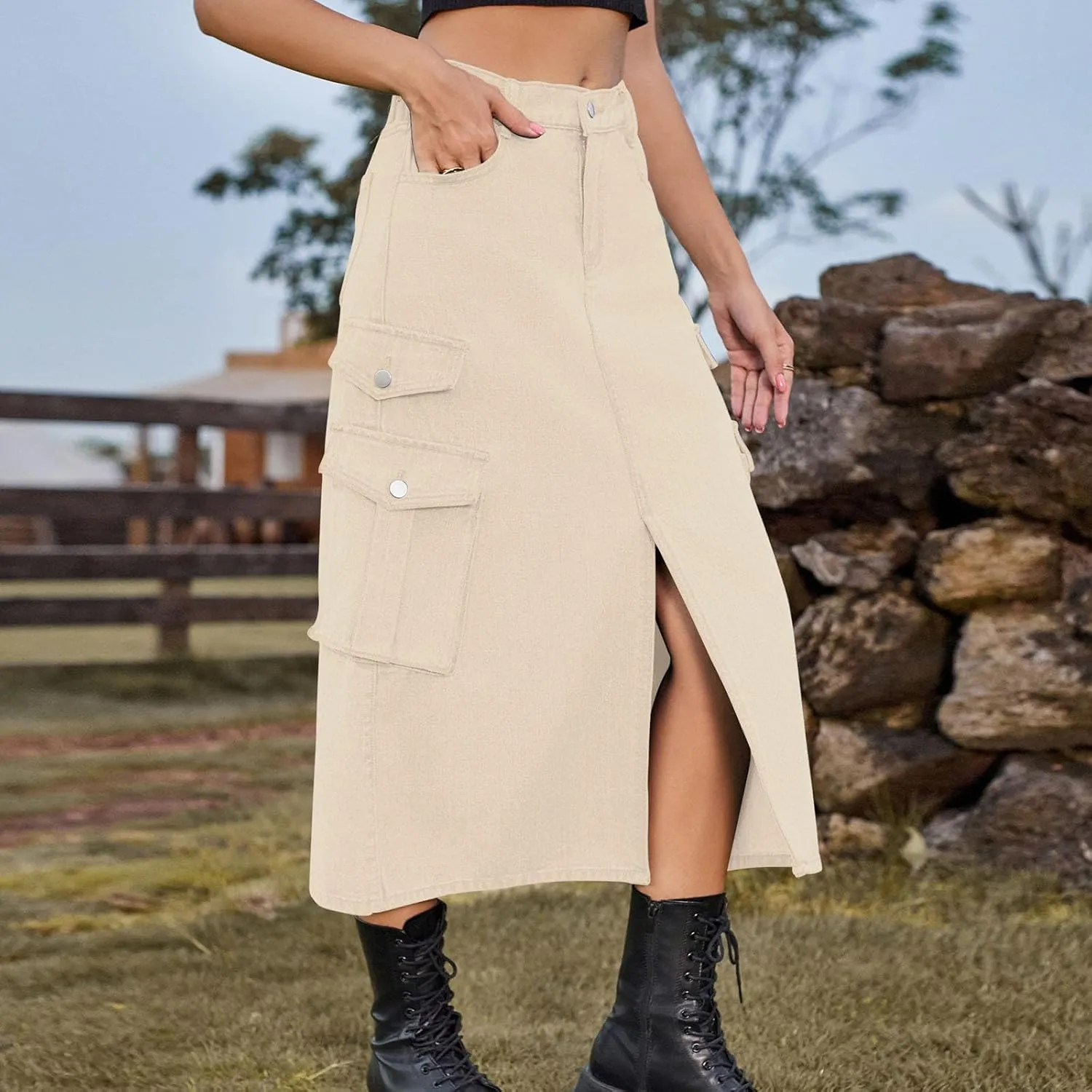 NATHGAM Women's Casual Denim Skirt High Waist Split Front Long Jean Summer Skirts Baggy Wide Leg Jean Skirt Denim Cargo Skirt