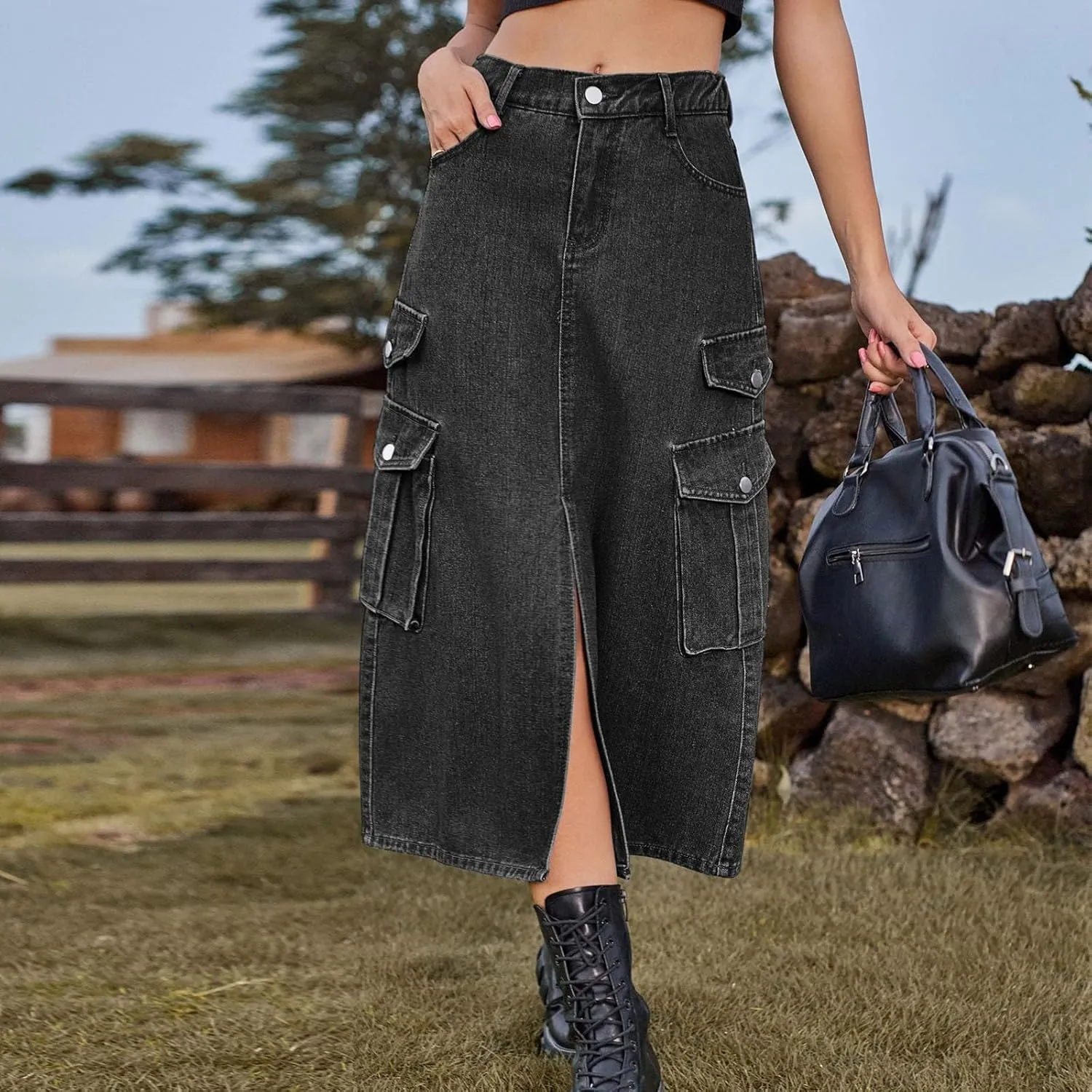 NATHGAM Women's Casual Denim Skirt High Waist Split Front Long Jean Summer Skirts Baggy Wide Leg Jean Skirt Denim Cargo Skirt