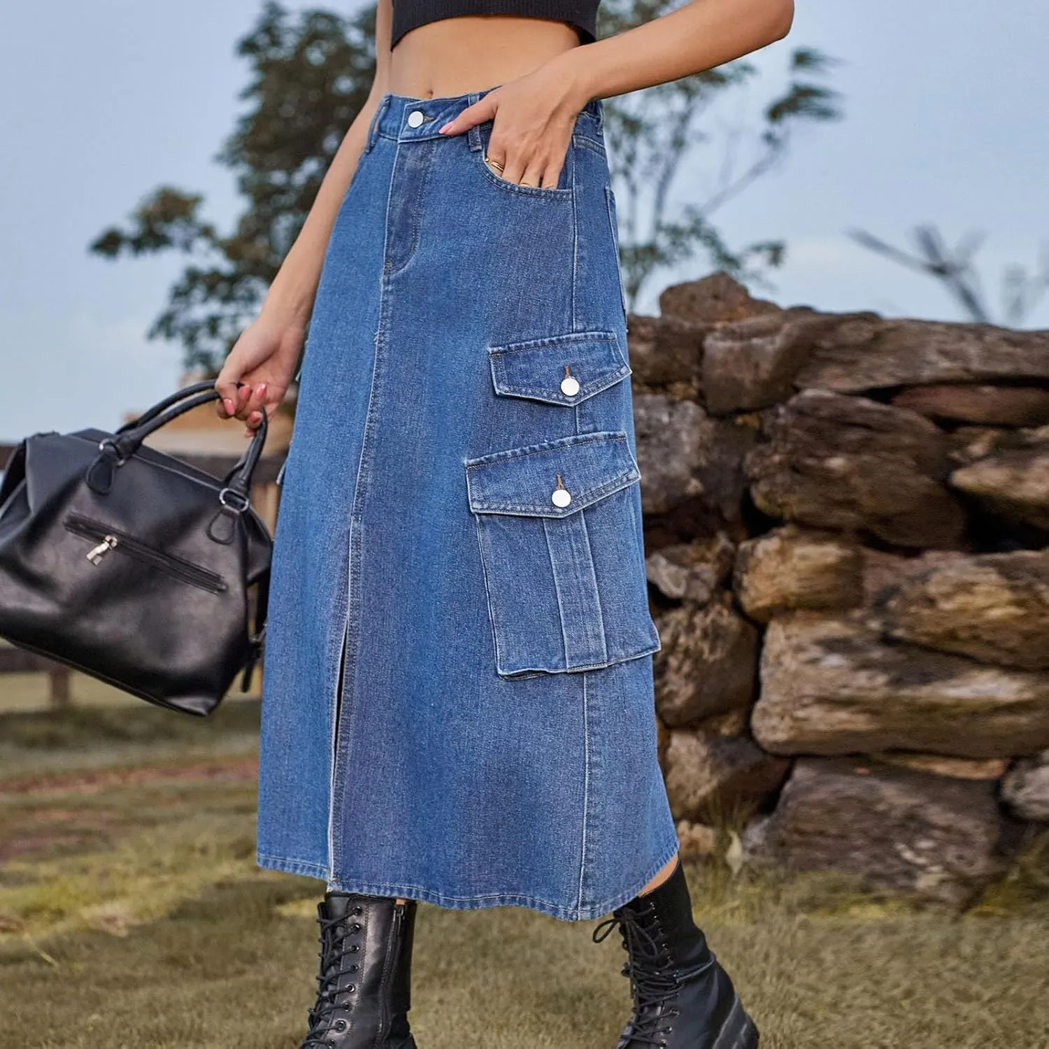 NATHGAM Women's Casual Denim Skirt High Waist Split Front Long Jean Summer Skirts Baggy Wide Leg Jean Skirt Denim Cargo Skirt