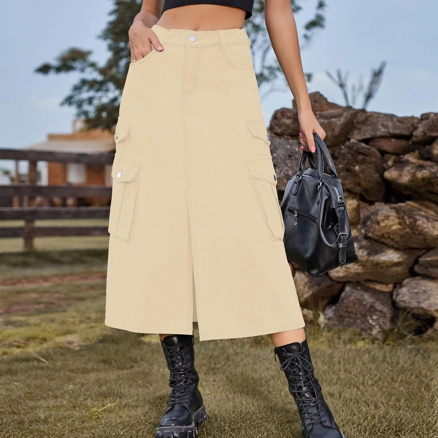 NATHGAM Women's Casual Denim Skirt High Waist Split Front Long Jean Summer Skirts Baggy Wide Leg Jean Skirt Denim Cargo Skirt
