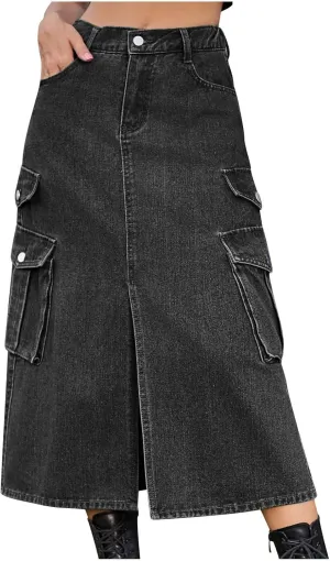 NATHGAM Women's Casual Denim Skirt High Waist Split Front Long Jean Summer Skirts Baggy Wide Leg Jean Skirt Denim Cargo Skirt